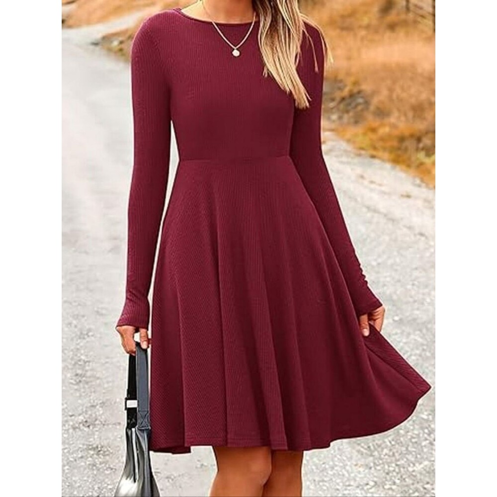 NWT Pretty Garden Long Sleeve Burgundy Maroon Ribbed Knit Skater Dress - Size S
